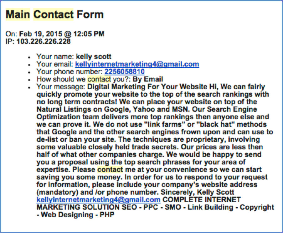 SEO contact form spam